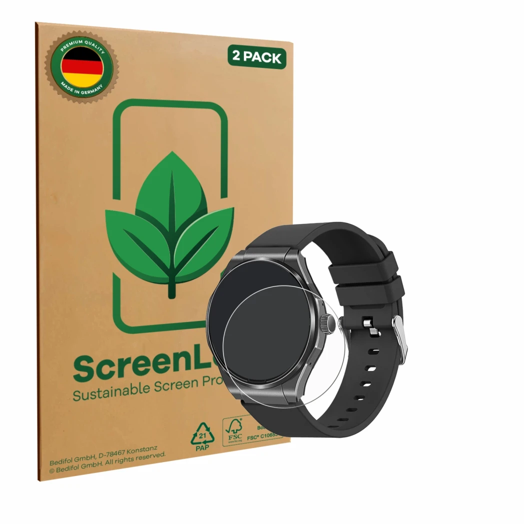 Face avant d’un emballage produit avec le logo de la marque ScreenLeaf. À côté, l’appareil Knauermann Pro 3 2024 (rond) est re