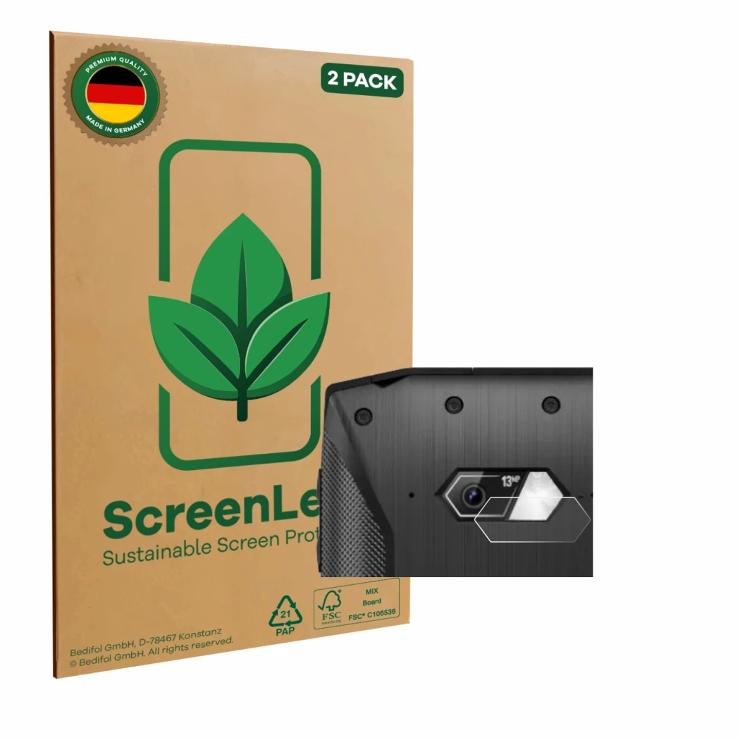 Face avant d’un emballage produit avec le logo de la marque ScreenLeaf. À côté, l’appareil Crosscall Core-M5 (Caméra UNIQUEMEN