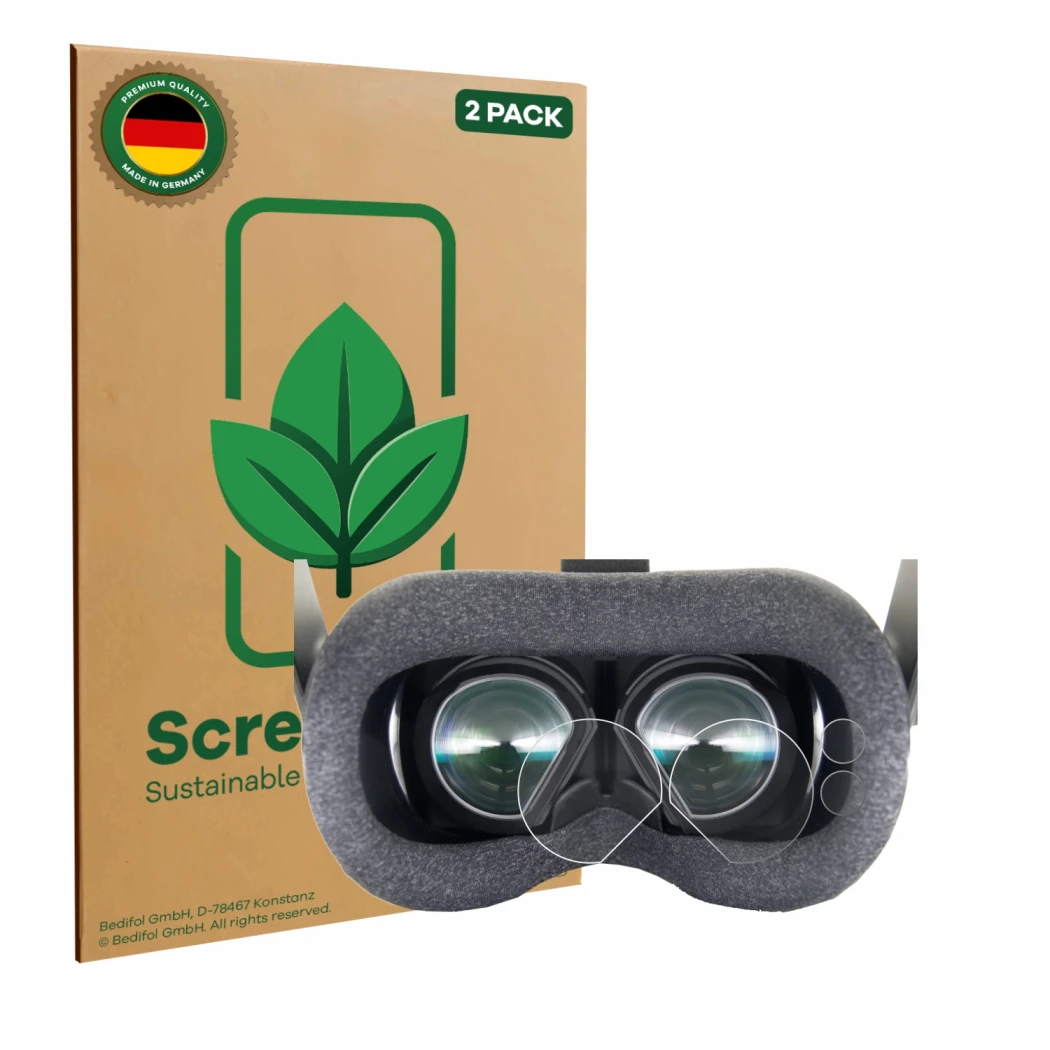 Face avant d’un emballage produit avec le logo de la marque ScreenLeaf. À côté, l’appareil Valve Index VR-Headset est représen