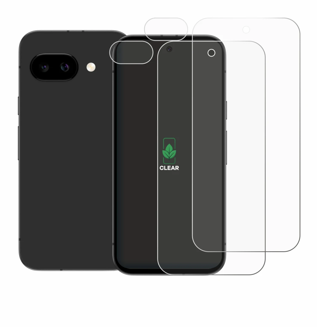 Image de l'appareil Google Pixel 9a (Avant+Caméra) avec une grande variété de protections d'écran.