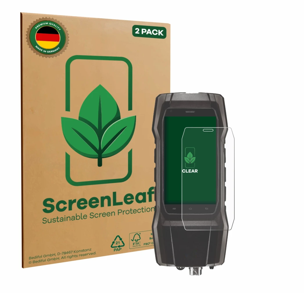 Face avant d’un emballage produit avec le logo de la marque ScreenLeaf. À côté, l’appareil Testo 300 est représenté avec la pr