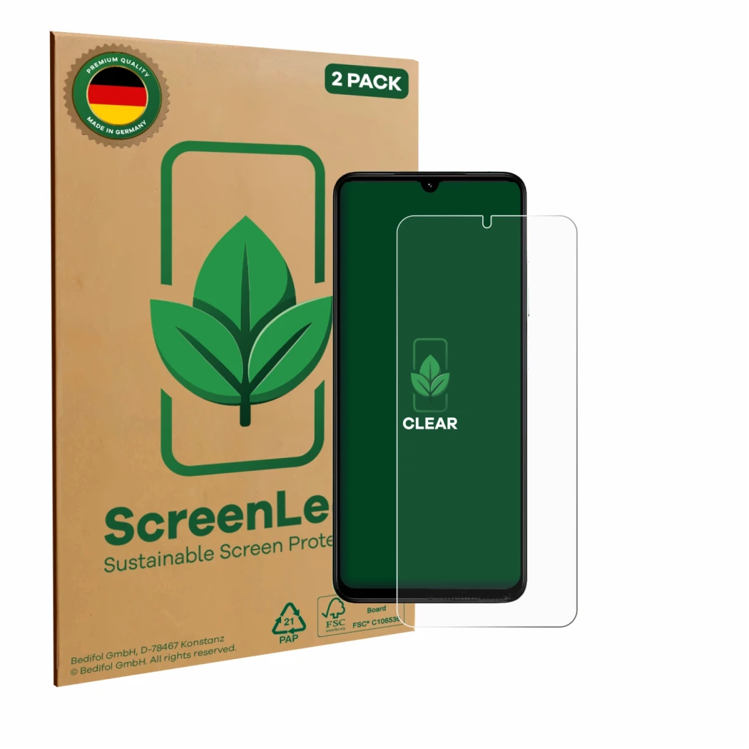 Face avant d’un emballage produit avec le logo de la marque ScreenLeaf. À côté, l’appareil Xiaomi Poco C71 est représenté avec