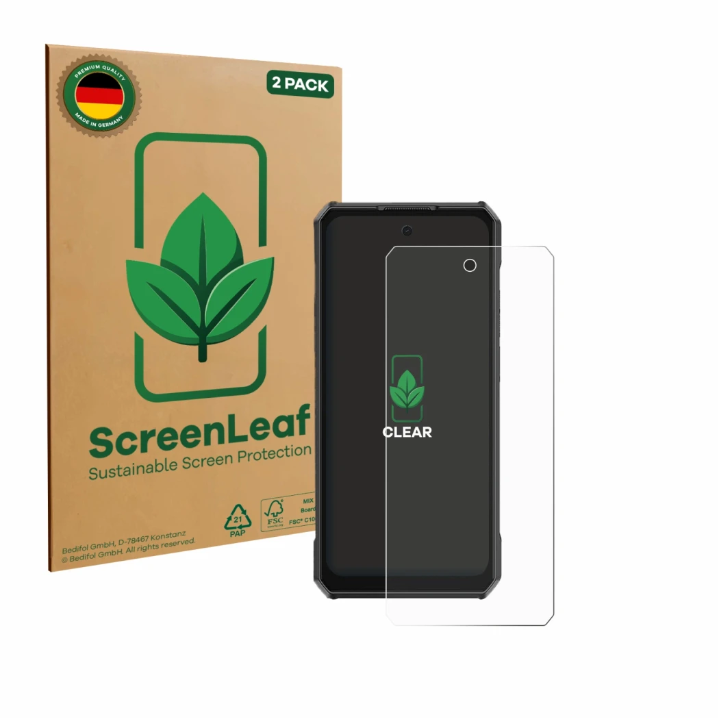 Face avant d’un emballage produit avec le logo de la marque ScreenLeaf. À côté, l’appareil Ulefone Armor 30 Pro est représenté