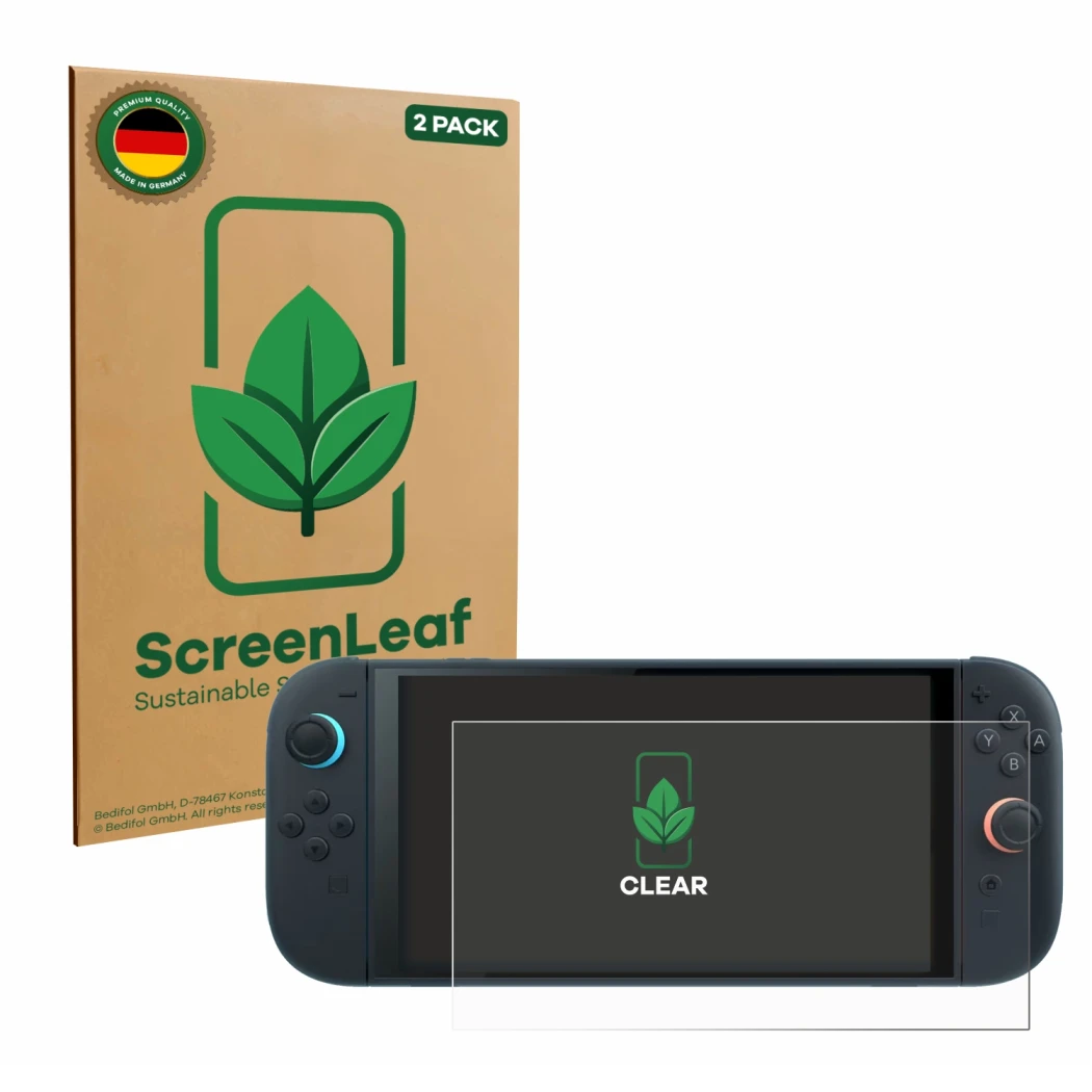 Face avant d’un emballage produit avec le logo de la marque ScreenLeaf. À côté, l’appareil Nintendo Switch 2 est représenté av