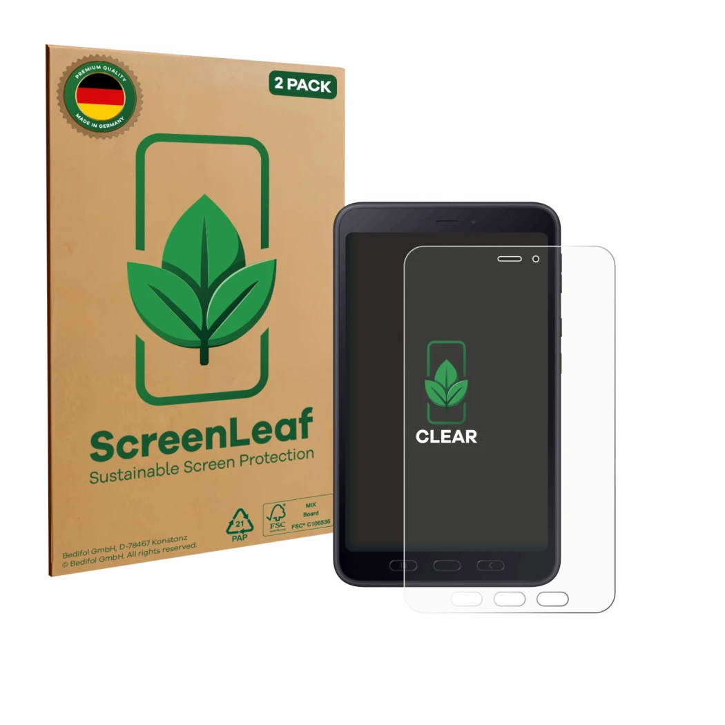 Face avant d’un emballage produit avec le logo de la marque ScreenLeaf. À côté, l’appareil Samsung galaxy Tab Active 5 5G Ente