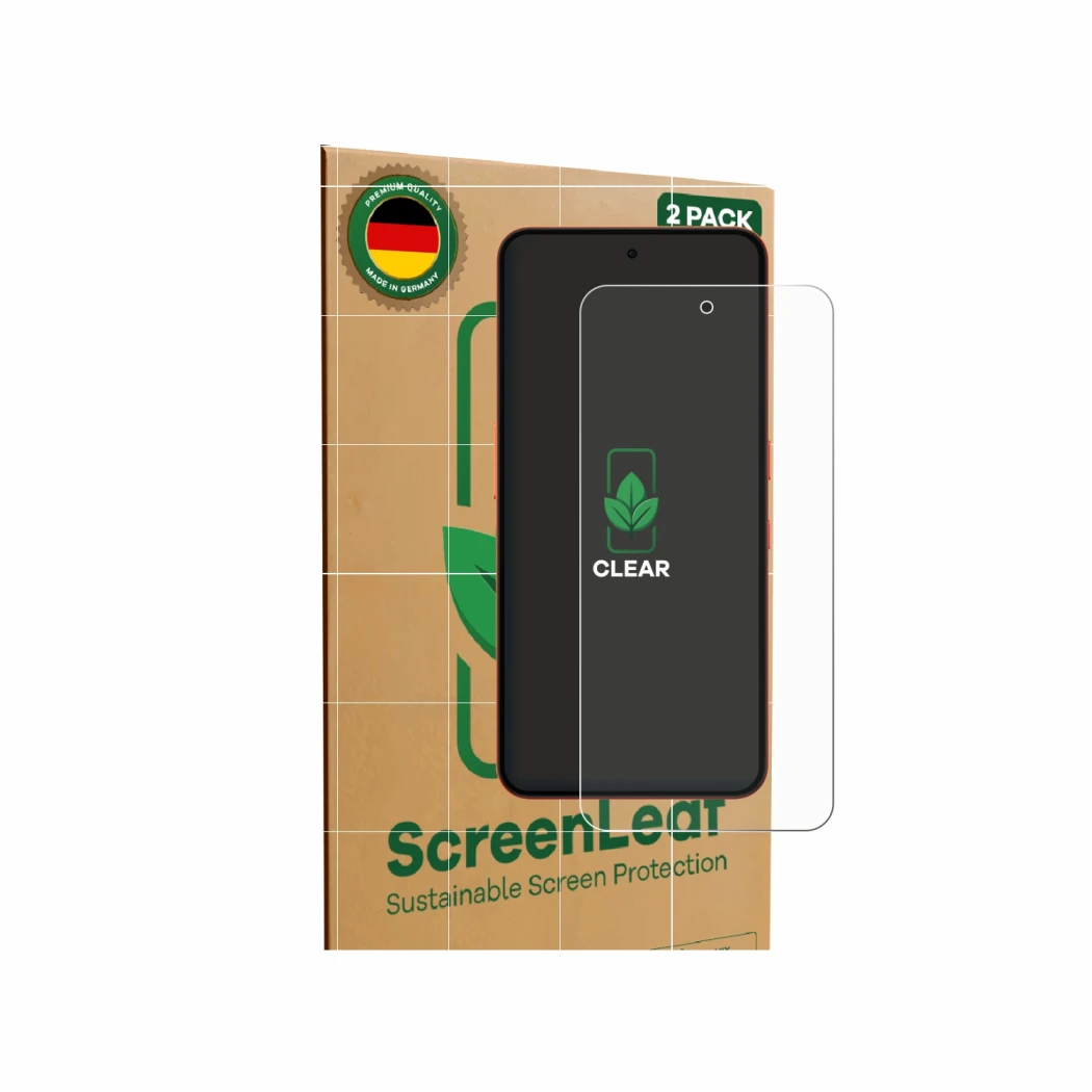 Face avant d’un emballage produit avec le logo de la marque ScreenLeaf. À côté, l’appareil Nothing CMF Phone 2 Pro est représe