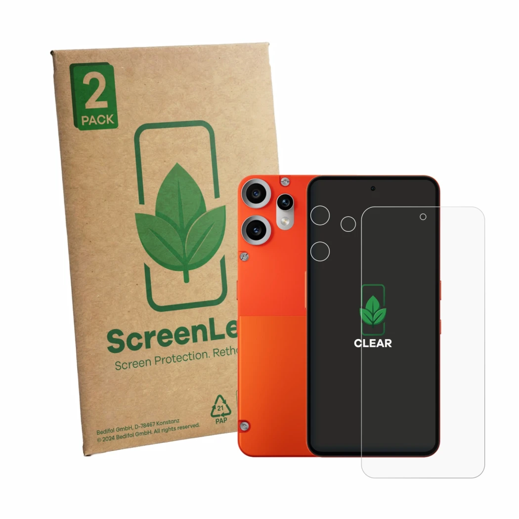 Face avant d’un emballage produit avec le logo de la marque ScreenLeaf. À côté, l’appareil Nothing CMF Phone 2 Pro (Avant+Camé