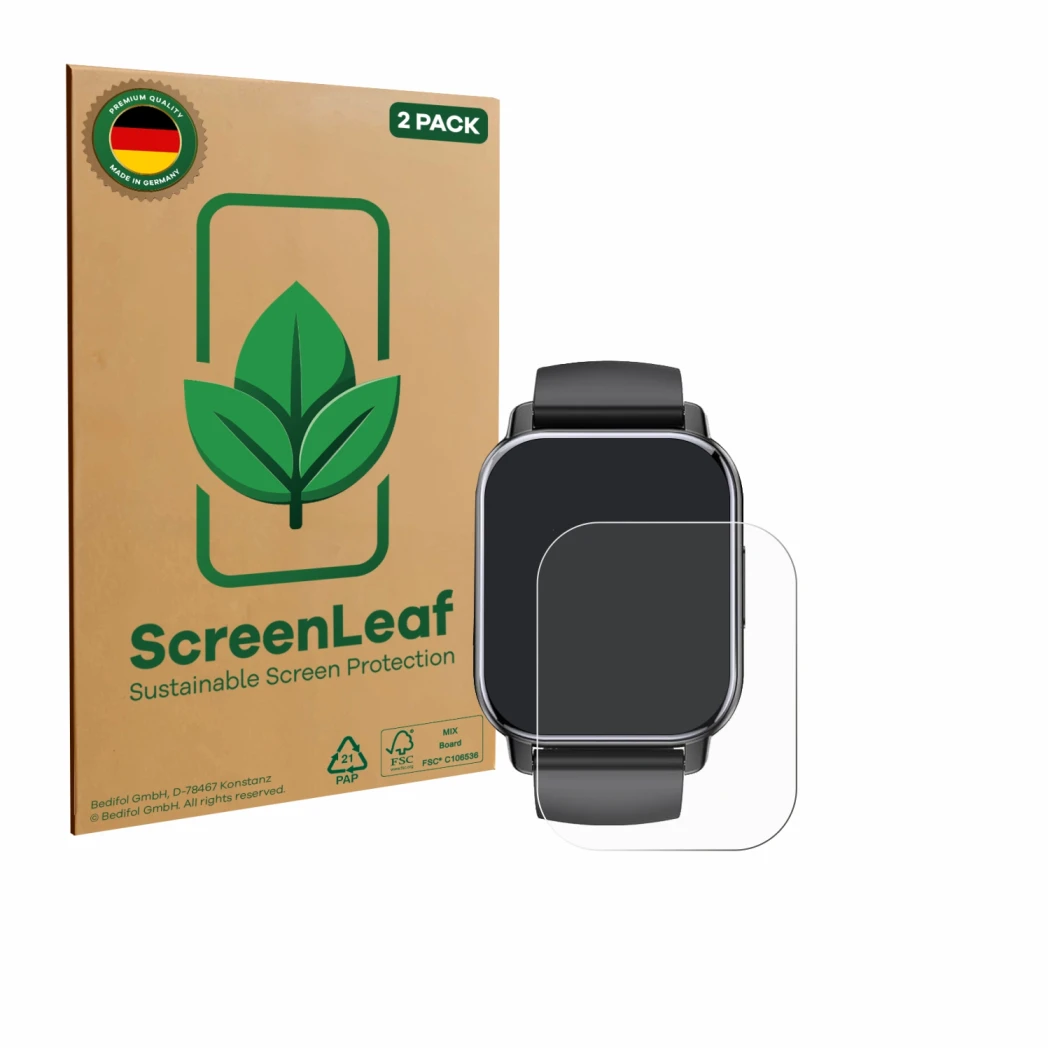 Face avant d’un emballage produit avec le logo de la marque ScreenLeaf. À côté, l’appareil Poounur T80 1.95