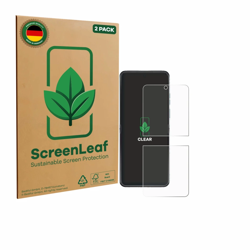 Face avant d’un emballage produit avec le logo de la marque ScreenLeaf. À côté, l’appareil Motorola Razr 60 est représenté ave