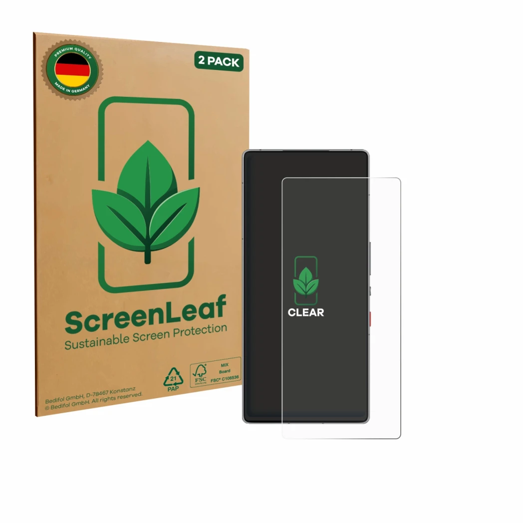 Face avant d’un emballage produit avec le logo de la marque ScreenLeaf. À côté, l’appareil ZTE Nubia Red Magic 10 Air est repr
