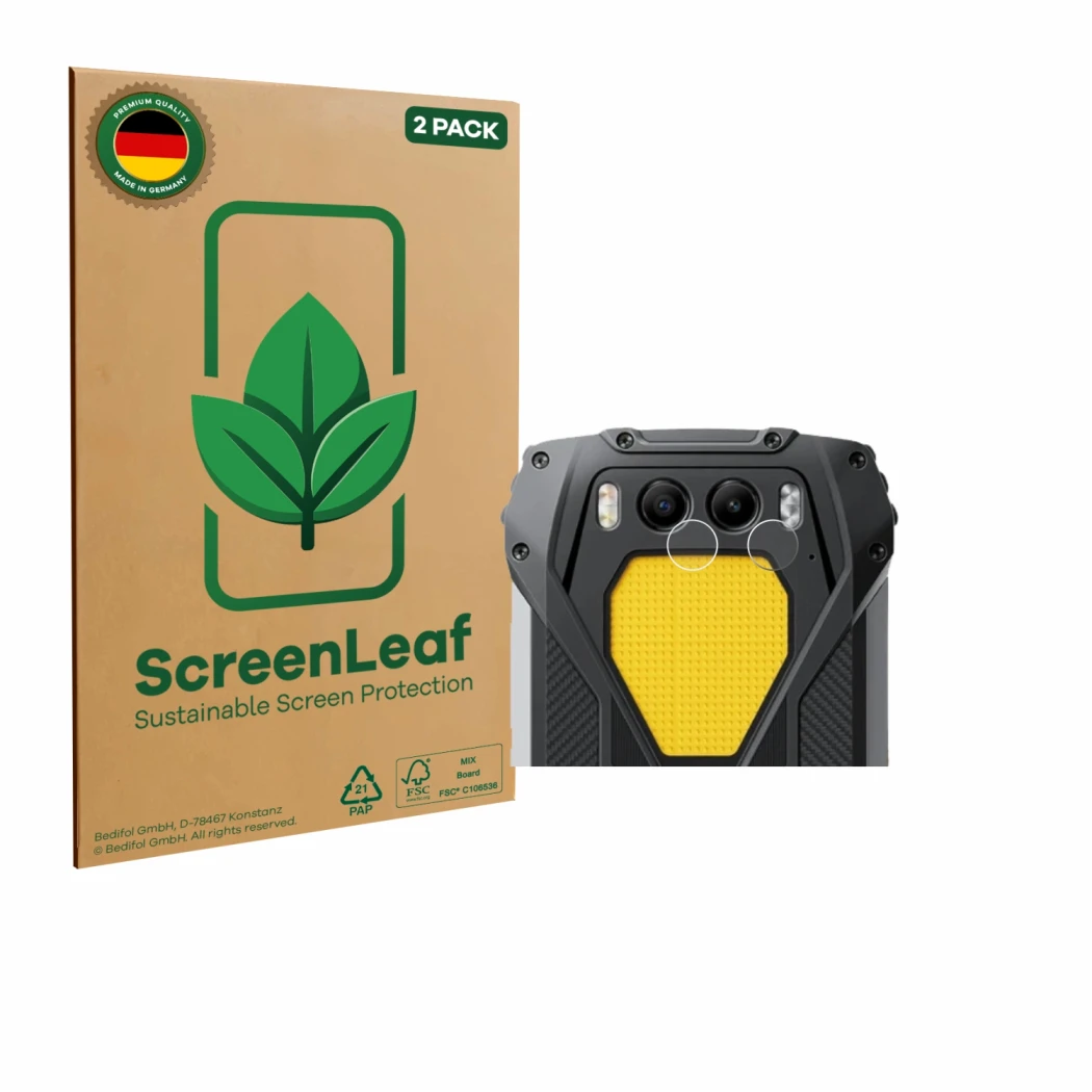 Face avant d’un emballage produit avec le logo de la marque ScreenLeaf. À côté, l’appareil Blackview BV7300 (Caméra UNIQUEMENT