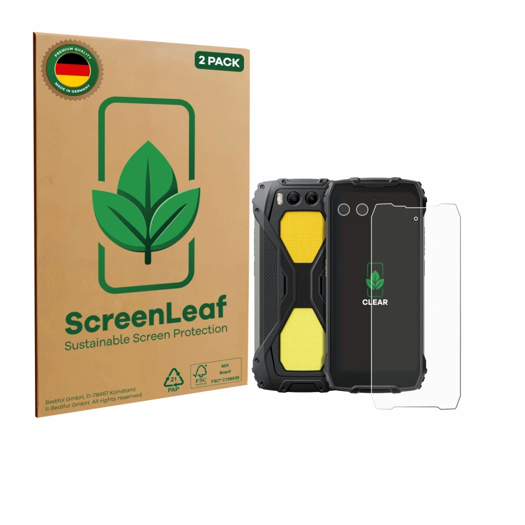 Face avant d’un emballage produit avec le logo de la marque ScreenLeaf. À côté, l’appareil Blackview BV7300 (Avant+Caméra) est