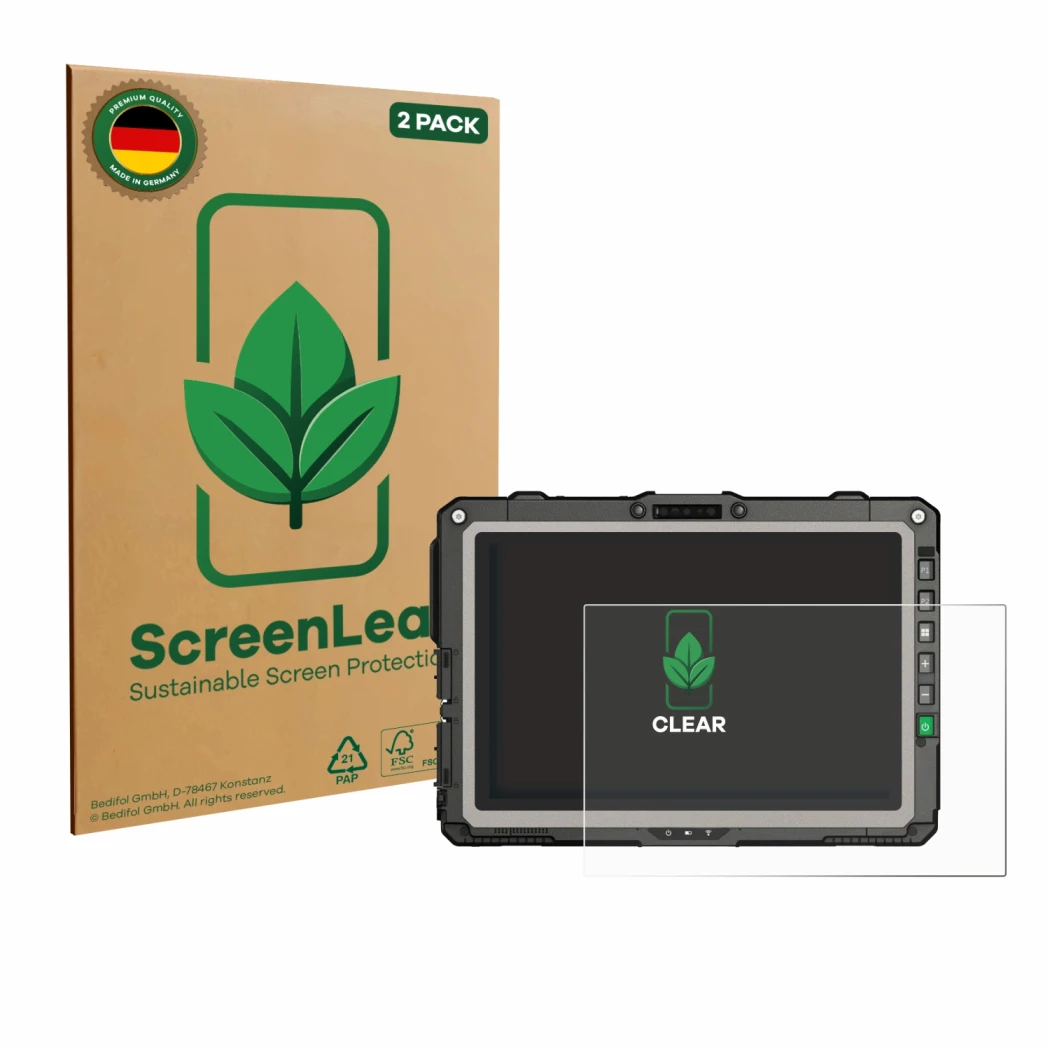 Face avant d’un emballage produit avec le logo de la marque ScreenLeaf. À côté, l’appareil Getac UX10 G3 est représenté avec l