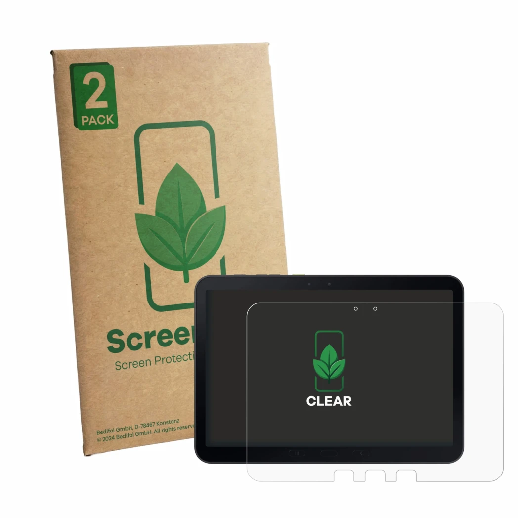 Face avant d’un emballage produit avec le logo de la marque ScreenLeaf. À côté, l’appareil Samsung Galaxy Tab Active 5 Pro est