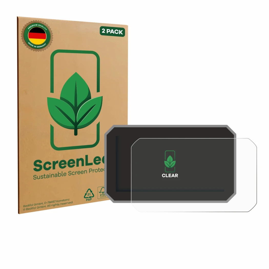 Face avant d’un emballage produit avec le logo de la marque ScreenLeaf. À côté, l’appareil Honda Forza 2025 est représenté ave