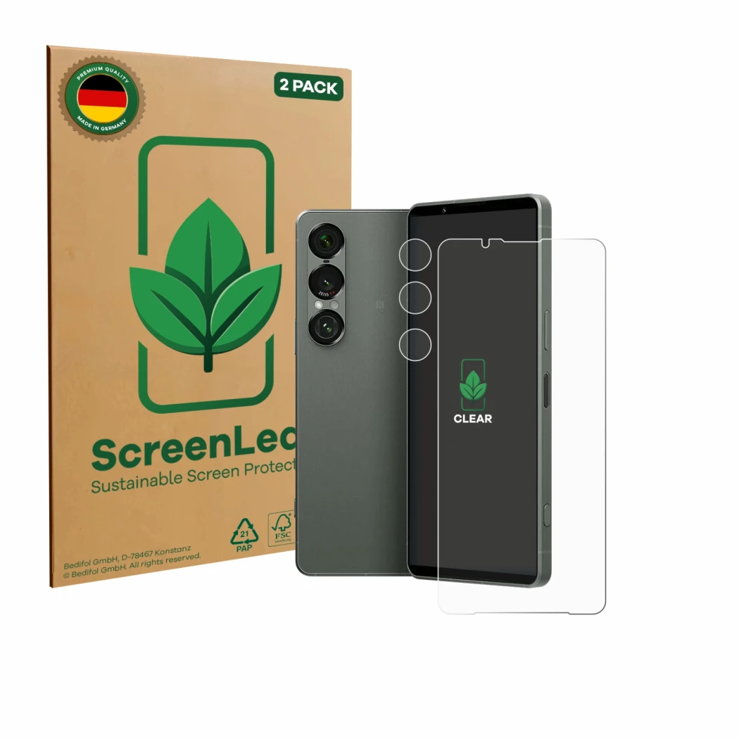 Face avant d’un emballage produit avec le logo de la marque ScreenLeaf. À côté, l’appareil Sony Xperia 1 VII (Avant+Caméra) es