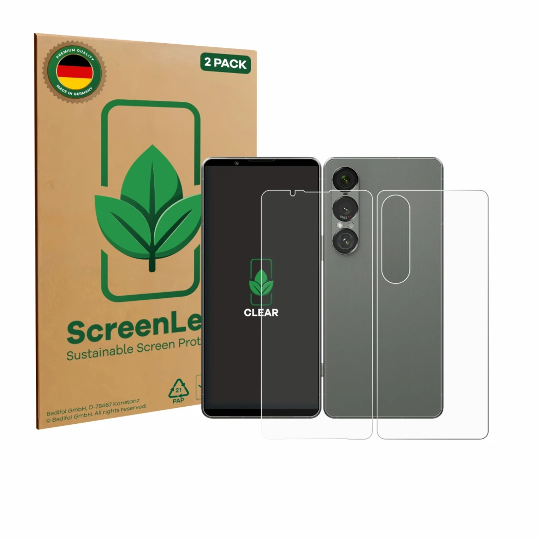 Face avant d’un emballage produit avec le logo de la marque ScreenLeaf. À côté, l’appareil Sony Xperia 1 VII (Avant+Arrière) e
