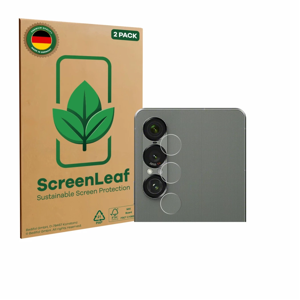 Face avant d’un emballage produit avec le logo de la marque ScreenLeaf. À côté, l’appareil Sony Xperia 1 VII (Caméra UNIQUEMEN