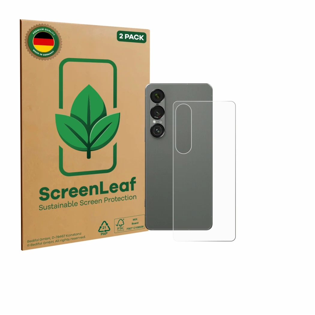 Face avant d’un emballage produit avec le logo de la marque ScreenLeaf. À côté, l’appareil Sony Xperia 1 VII (Arrière) est rep