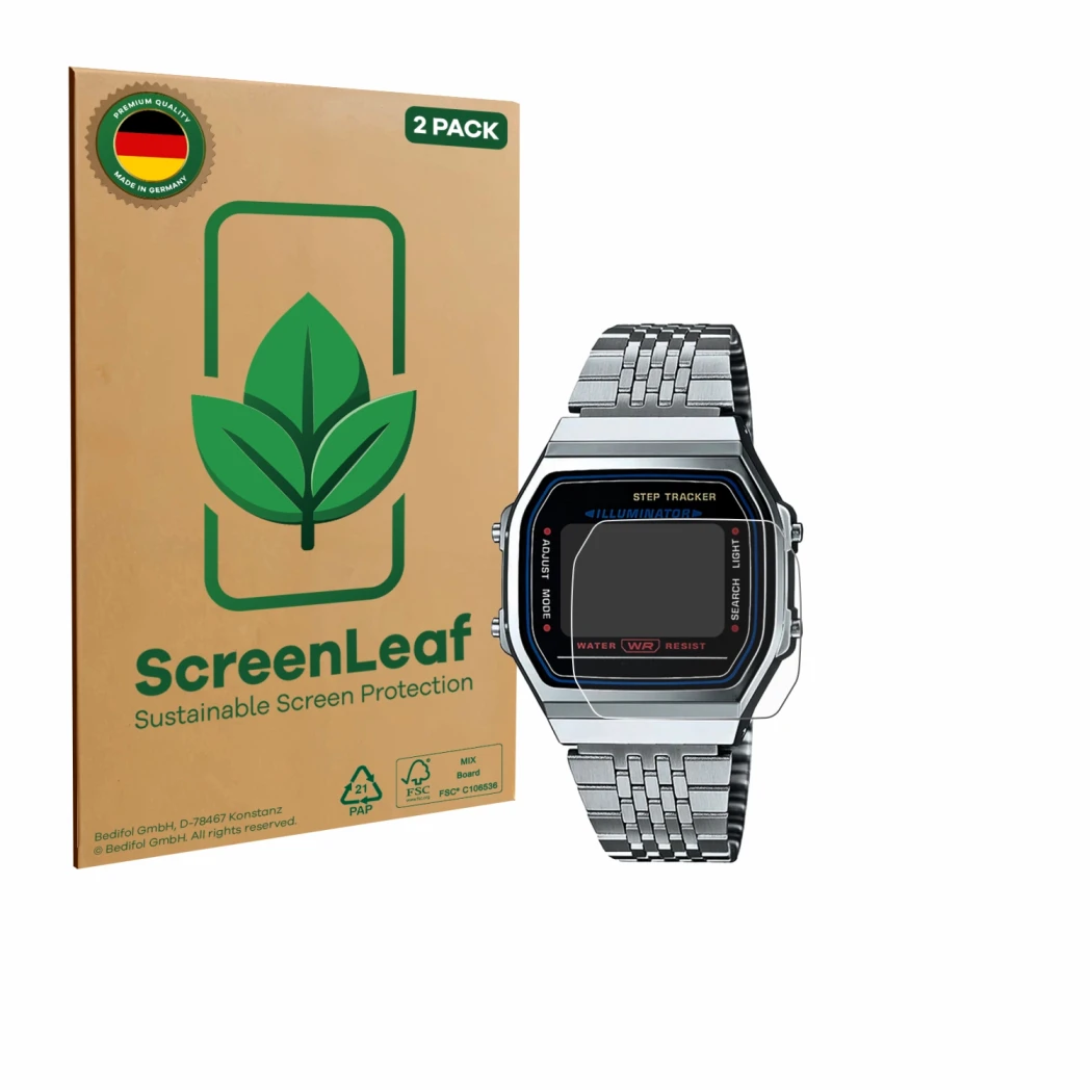 Face avant d’un emballage produit avec le logo de la marque ScreenLeaf. À côté, l’appareil Casio iconic ABL-100WE-1A est repré