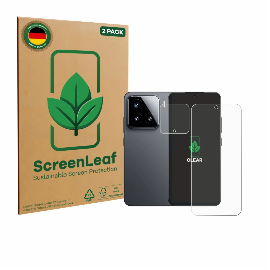 Face avant d’un emballage produit avec le logo de la marque ScreenLeaf. À côté, l’appareil Xiaomi 15 (Avant+Caméra) est représ