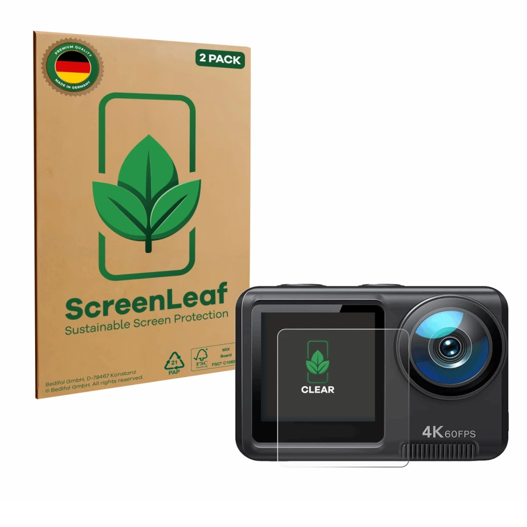 Face avant d’un emballage produit avec le logo de la marque ScreenLeaf. À côté, l’appareil Wolfang GA420 est représenté avec l
