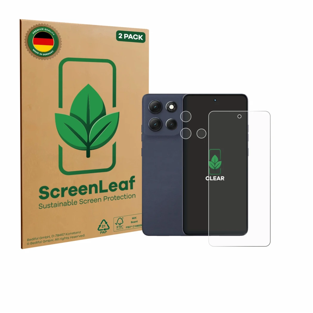 Face avant d’un emballage produit avec le logo de la marque ScreenLeaf. À côté, l’appareil Motorola Moto G86 (Avant+Caméra) es