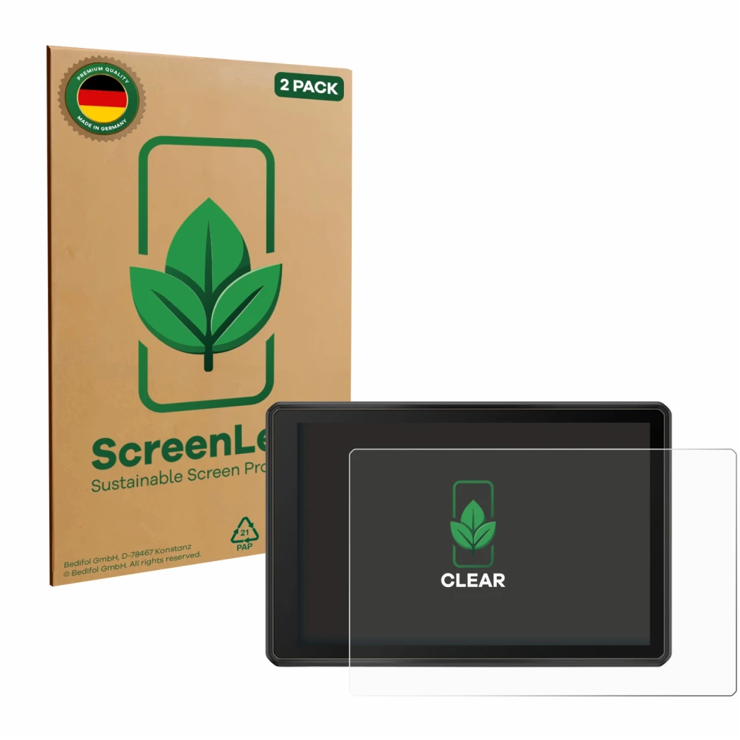 Face avant d’un emballage produit avec le logo de la marque ScreenLeaf. À côté, l’appareil Garmin Tread 2 Overland Edition 8