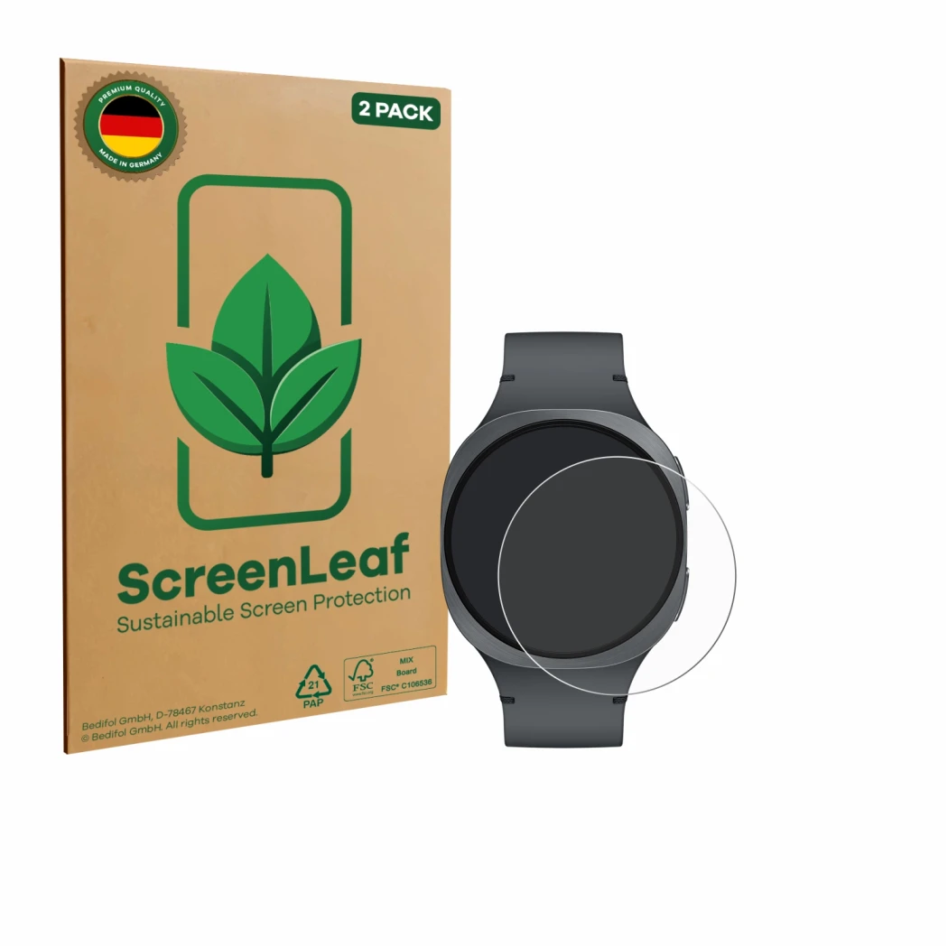 Face avant d’un emballage produit avec le logo de la marque ScreenLeaf. À côté, l’appareil Samsung Galaxy Watch 8 (40 mm) est 