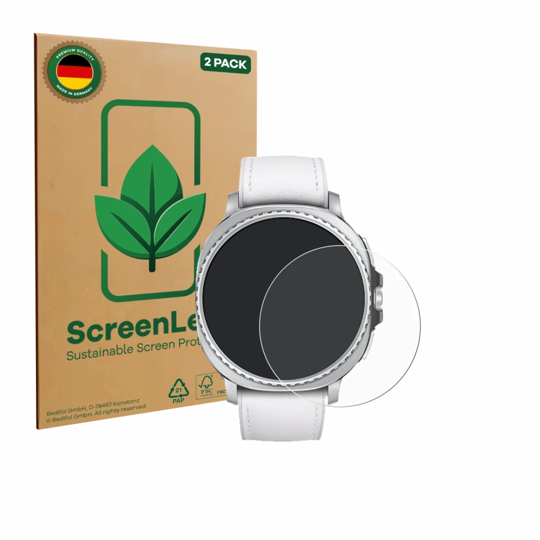 Face avant d’un emballage produit avec le logo de la marque ScreenLeaf. À côté, l’appareil Samsung Galaxy Watch 8 Classic (46 