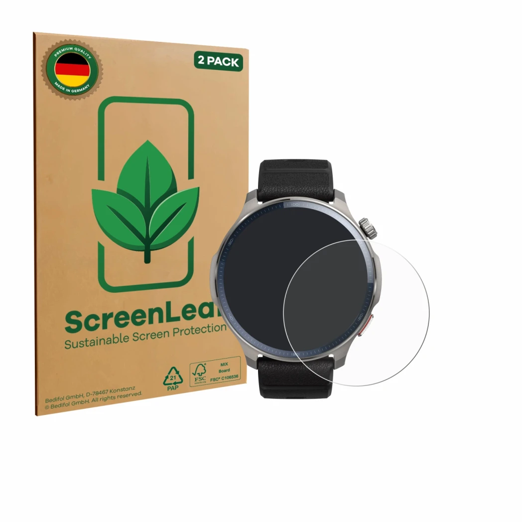 Face avant d’un emballage produit avec le logo de la marque ScreenLeaf. À côté, l’appareil Huami Amazfit Balance 2 est représe