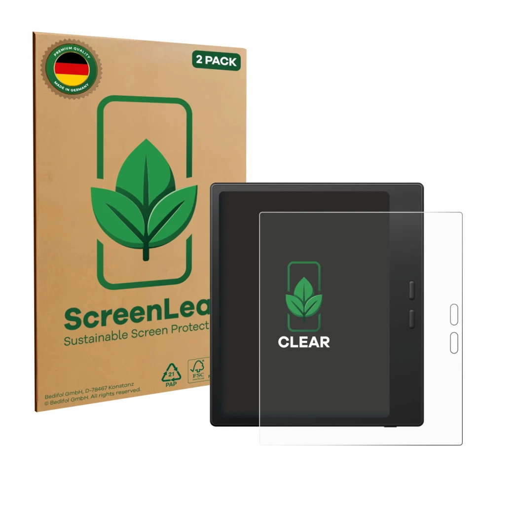 Face avant d’un emballage produit avec le logo de la marque ScreenLeaf. À côté, l’appareil Boox Go Color 7 Gen II est représen