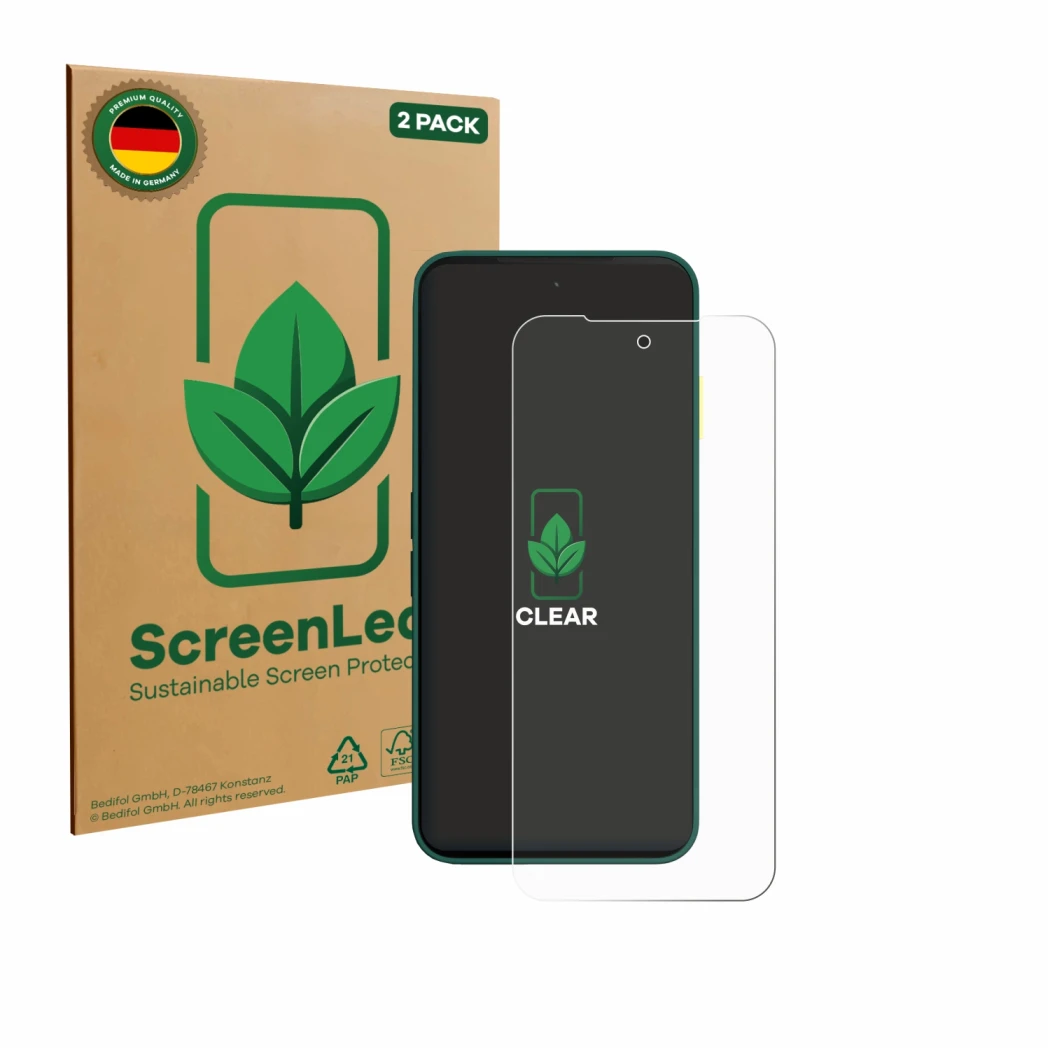 Face avant d’un emballage produit avec le logo de la marque ScreenLeaf. À côté, l’appareil Fairphone 6 est représenté avec la 