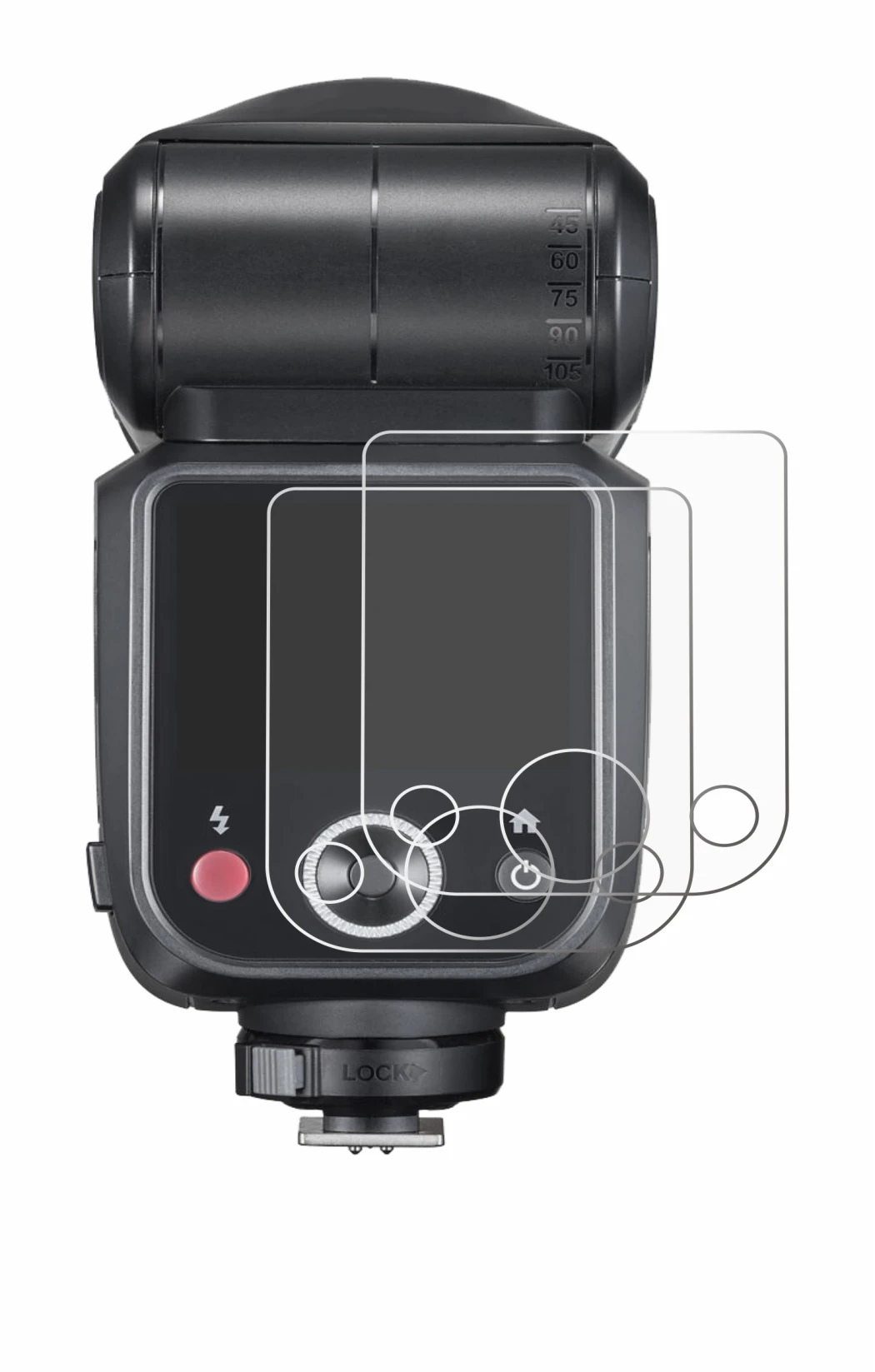 Image de l'appareil Godox V100 avec une grande variété de protections d'écran.