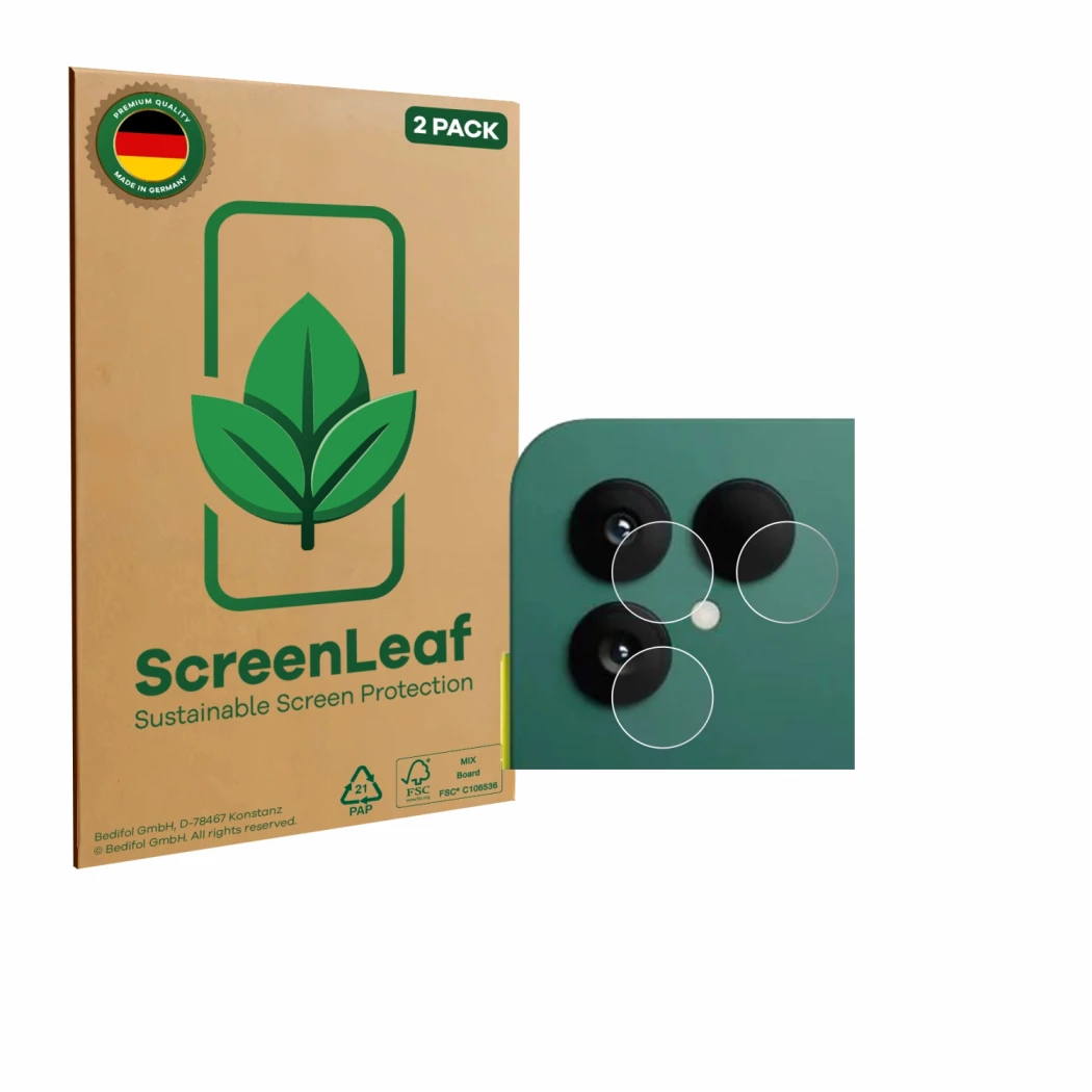 Face avant d’un emballage produit avec le logo de la marque ScreenLeaf. À côté, l’appareil Fairphone 6 (Caméra UNIQUEMENT) est