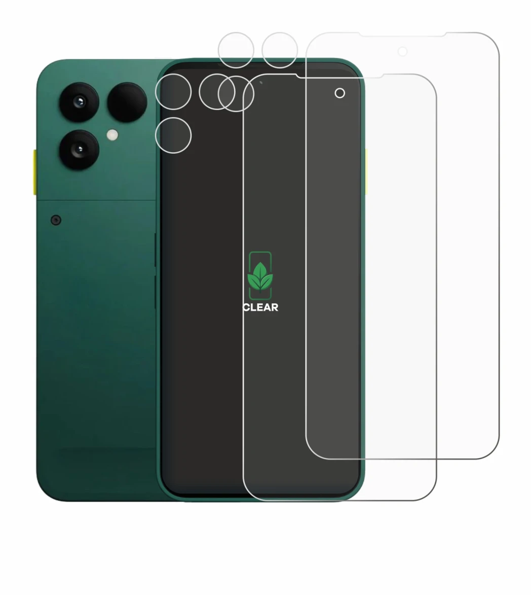 Image de l'appareil Fairphone 6 (Avant+Caméra) avec une grande variété de protections d'écran.