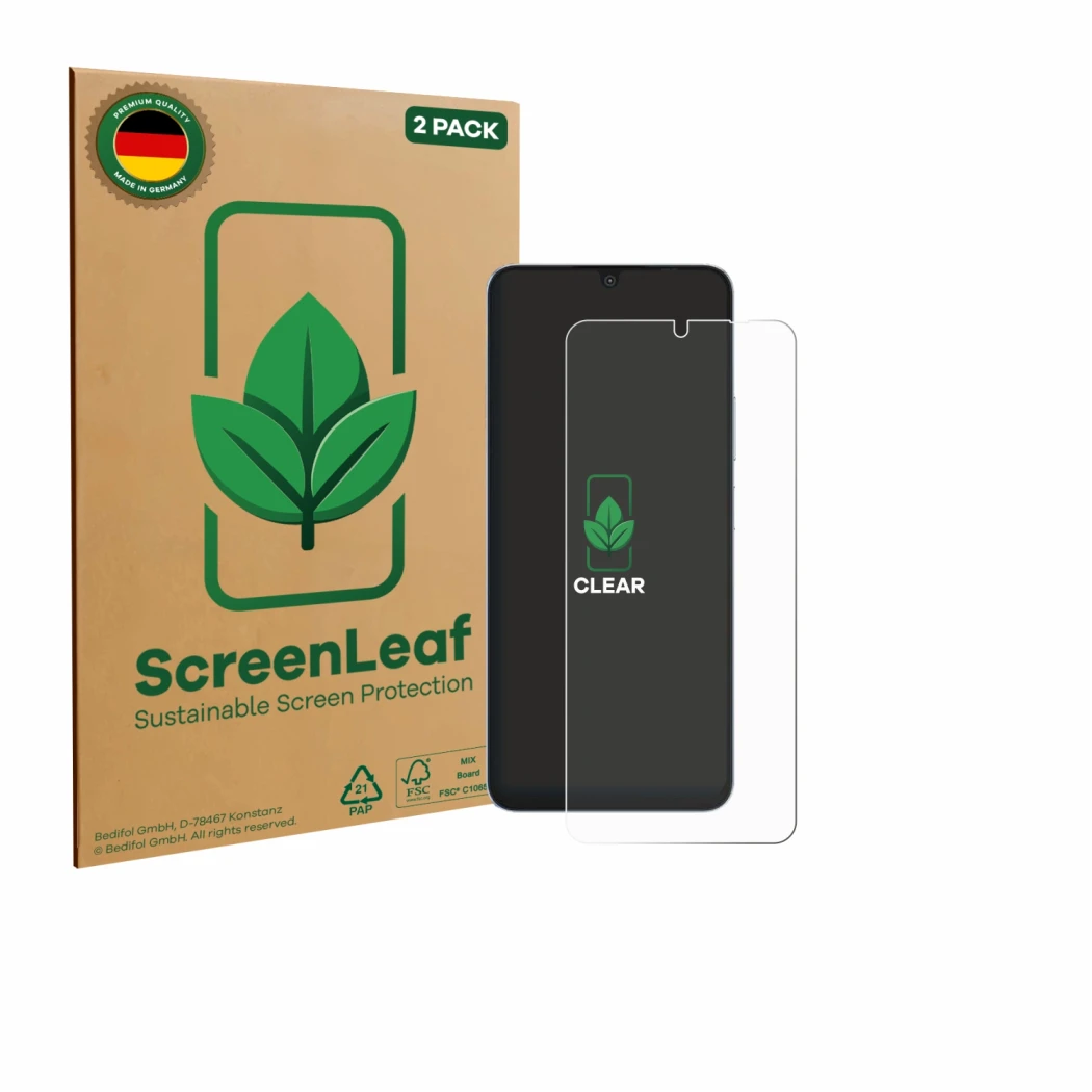 Face avant d’un emballage produit avec le logo de la marque ScreenLeaf. À côté, l’appareil Blackview Shark 6 5G est représenté