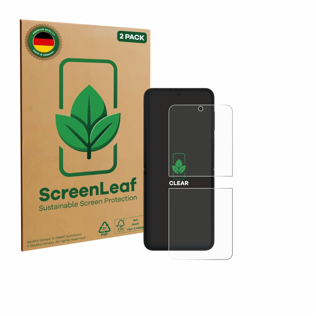 Face avant d’un emballage produit avec le logo de la marque ScreenLeaf. À côté, l’appareil Samsung Galaxy Z Flip 7 FE est repr