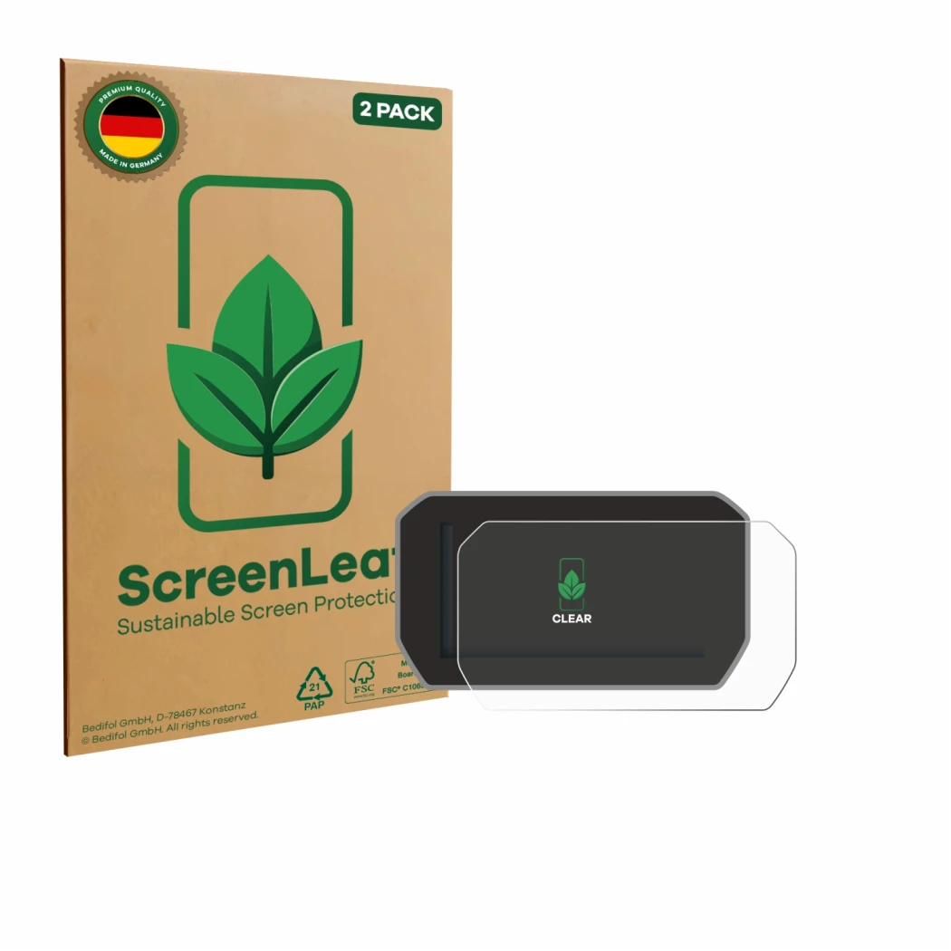 Face avant d’un emballage produit avec le logo de la marque ScreenLeaf. À côté, l’appareil Ducati V4S 2021 Affichage de la vit