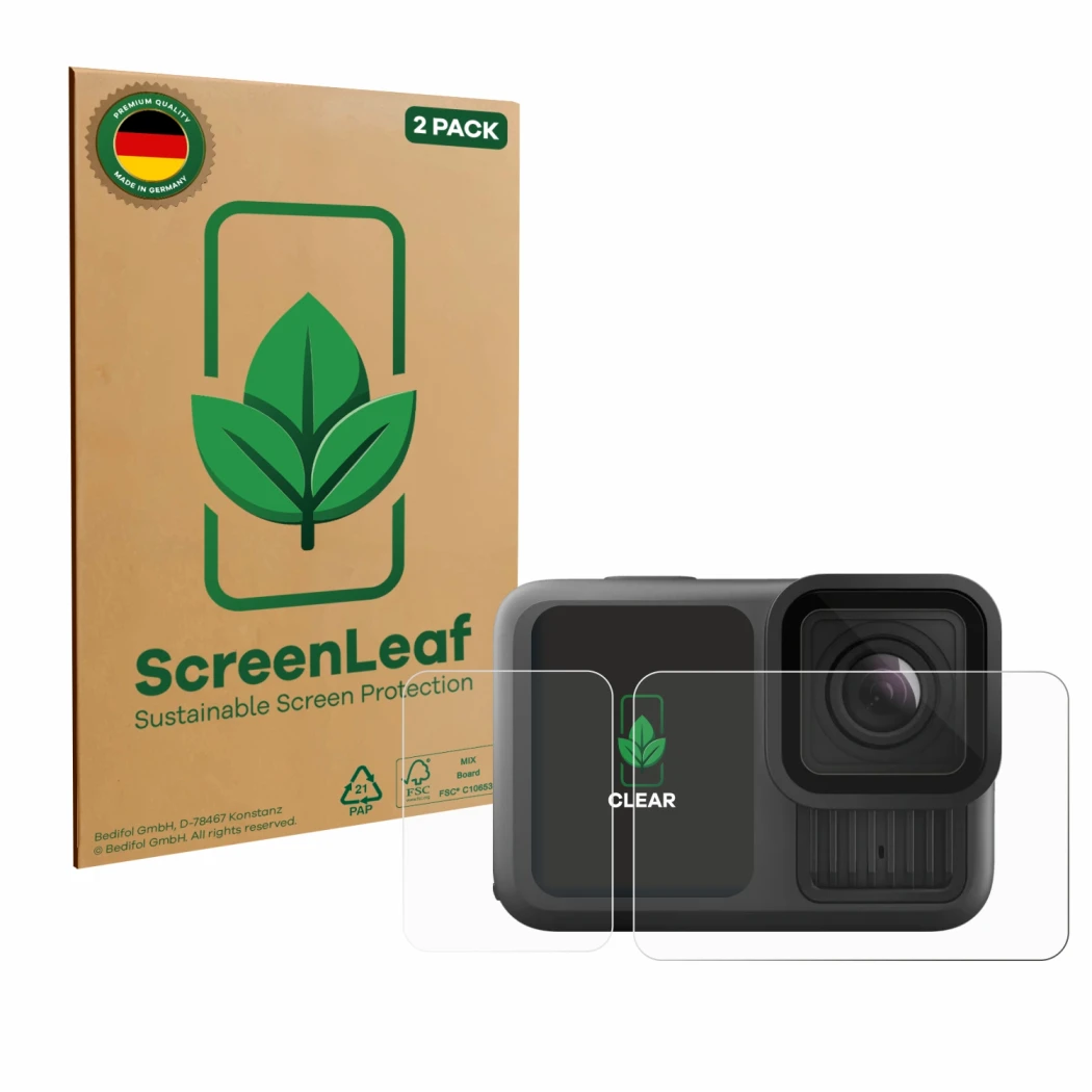 Face avant d’un emballage produit avec le logo de la marque ScreenLeaf. À côté, l’appareil GoPro Hero 13 Black Creator Edition