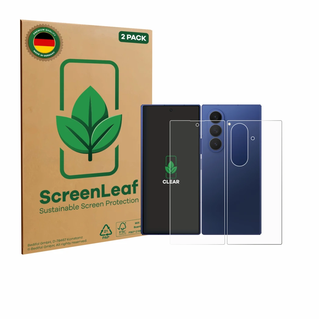 Face avant d’un emballage produit avec le logo de la marque ScreenLeaf. À côté, l’appareil Samsung Galaxy Z Fold 7 (Avant+Arri