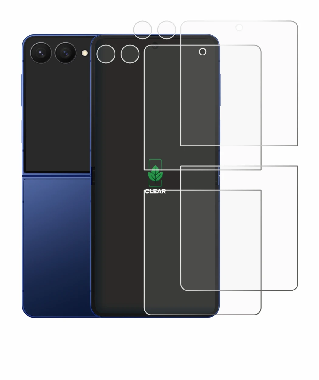 Image de l'appareil Samsung Galaxy Z Flip 7 (Avant+Caméra) avec une grande variété de protections d'écran.