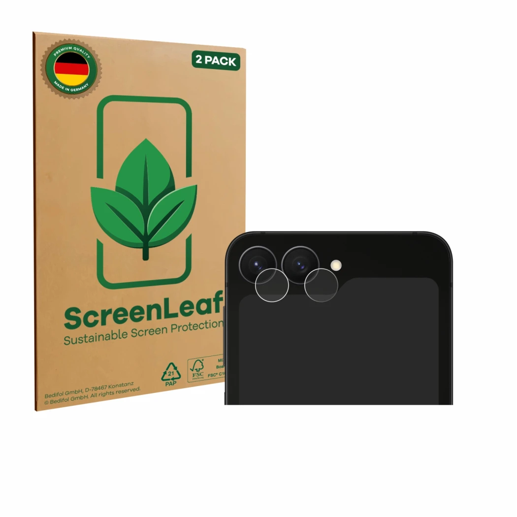 Face avant d’un emballage produit avec le logo de la marque ScreenLeaf. À côté, l’appareil Samsung Galaxy Z Flip 7 FE (Caméra 