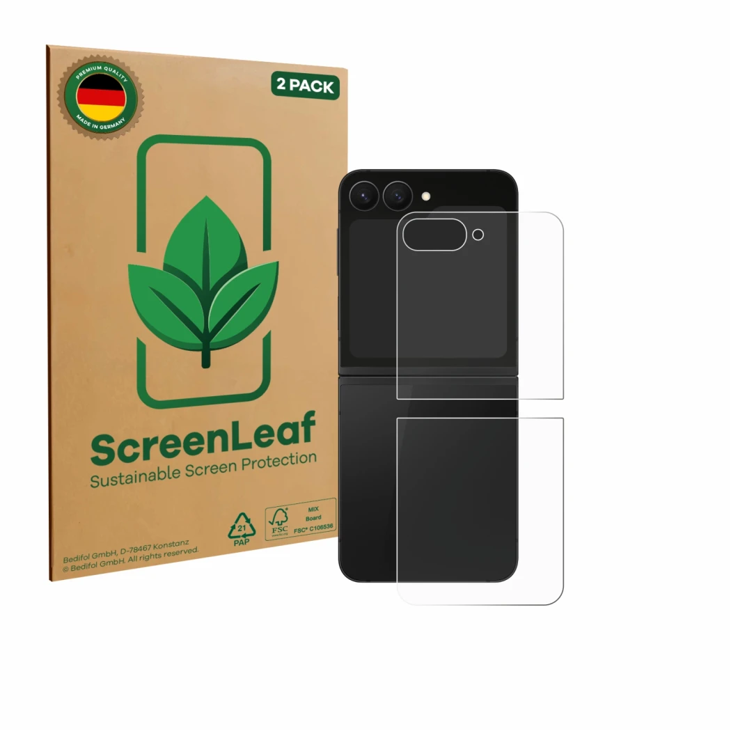 Face avant d’un emballage produit avec le logo de la marque ScreenLeaf. À côté, l’appareil Samsung Galaxy Z Flip 7 FE (Arrière