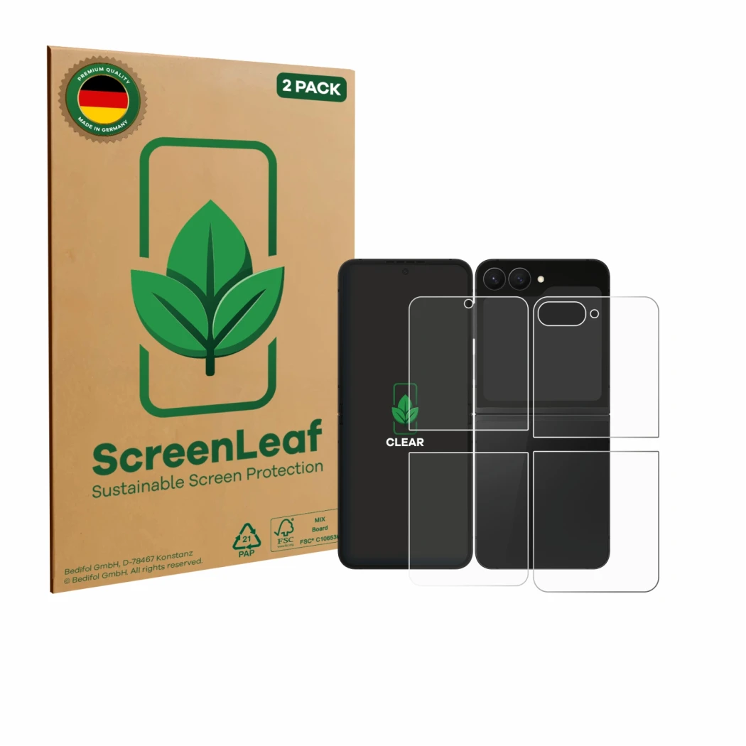 Face avant d’un emballage produit avec le logo de la marque ScreenLeaf. À côté, l’appareil Samsung Galaxy Z Flip 7 FE (Avant+A