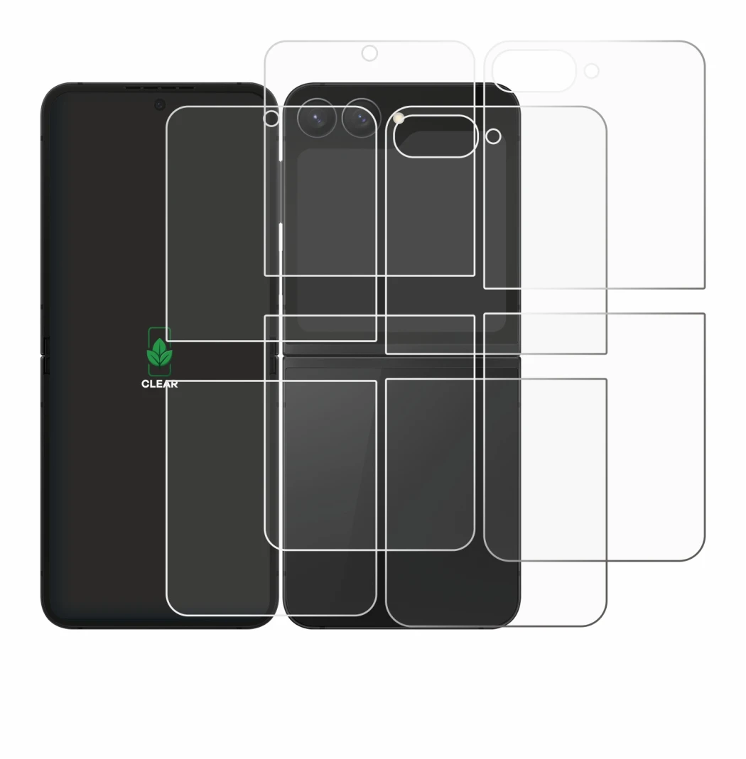 Image de l'appareil Samsung Galaxy Z Flip 7 FE (Avant+Arrière) avec une grande variété de protections d'écran.