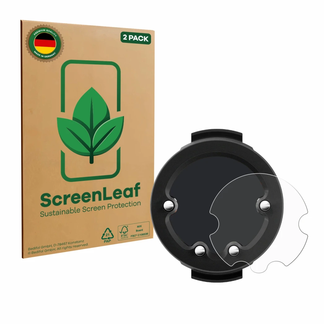 Face avant d’un emballage produit avec le logo de la marque ScreenLeaf. À côté, l’appareil Suunto Zoop est représenté avec la 