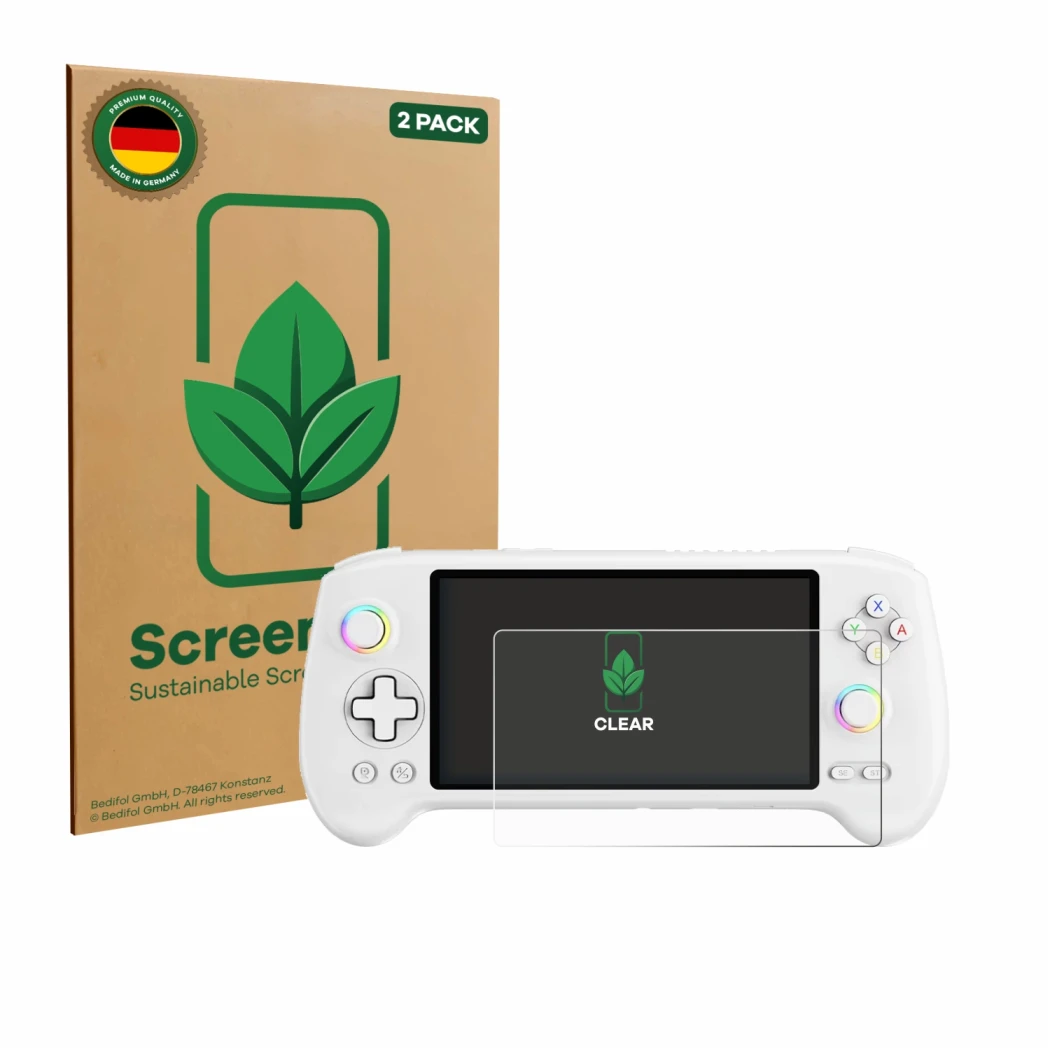 Face avant d’un emballage produit avec le logo de la marque ScreenLeaf. À côté, l’appareil Anbernic RG557 est représenté avec 