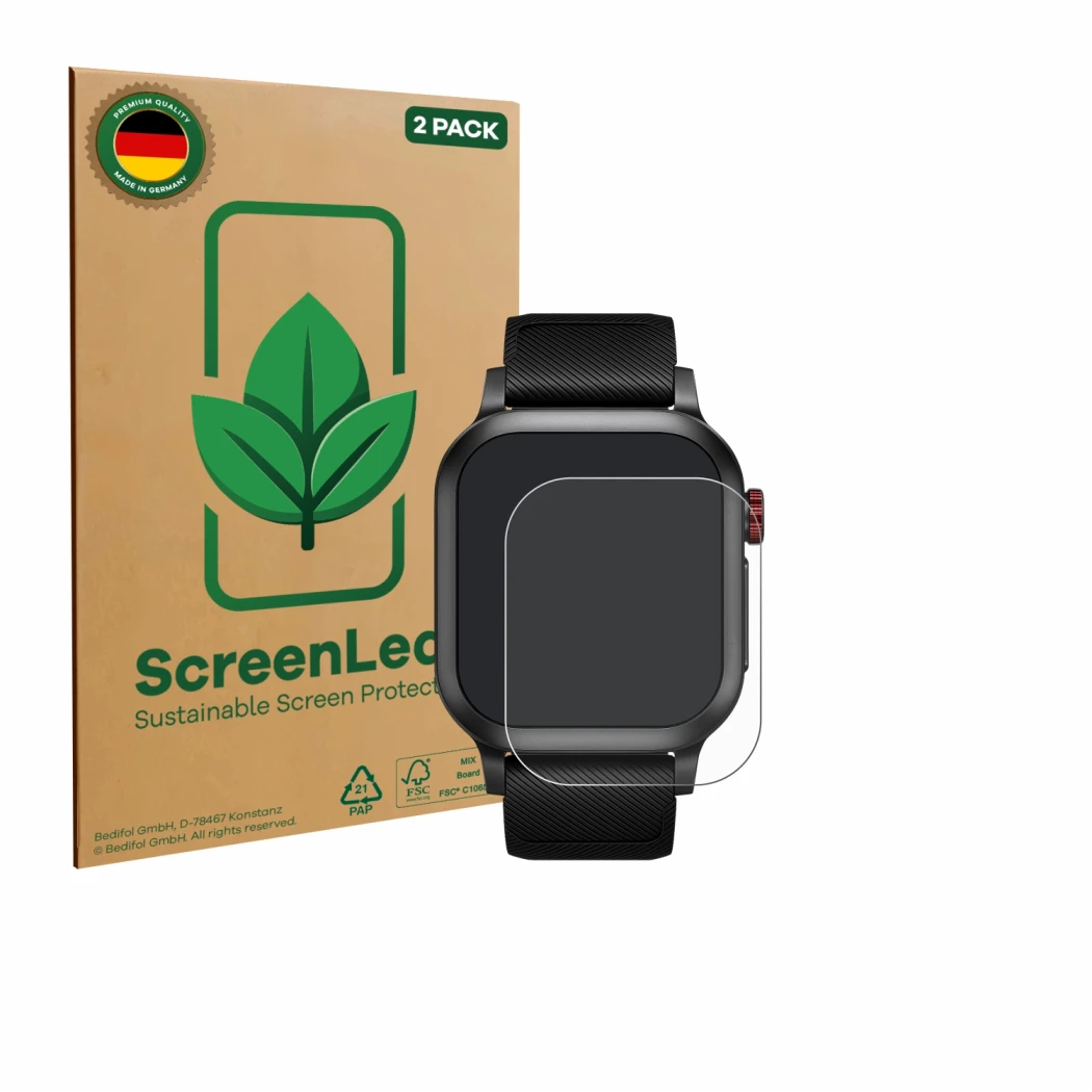 Face avant d’un emballage produit avec le logo de la marque ScreenLeaf. À côté, l’appareil Haylou Iron Neo 1.95