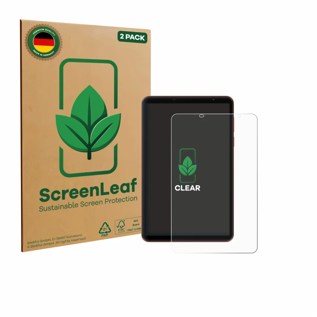 Face avant d’un emballage produit avec le logo de la marque ScreenLeaf. À côté, l’appareil Blackview Zeno 1 8